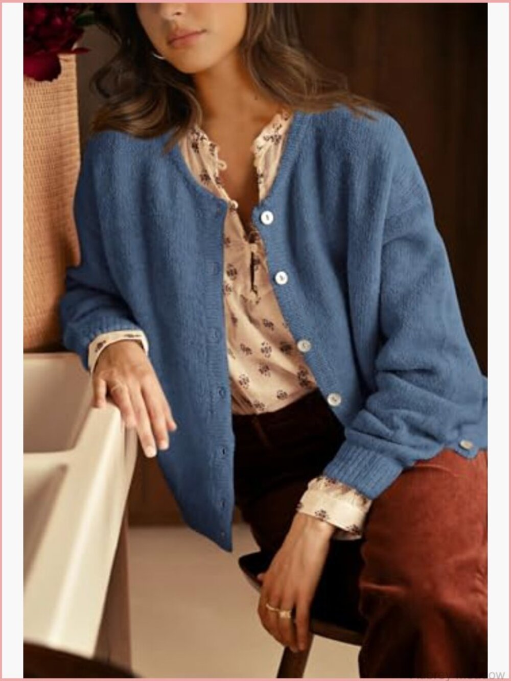 Long Sleeve Crewneck Button Down Chunky Cardigan Sweater Open Front Knit - Picture 5 of 7